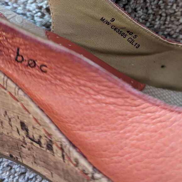 Born Concepts Pink Orange Leather Flower Slingback Peep Toe Cork Wedges - Picture 6 of 9